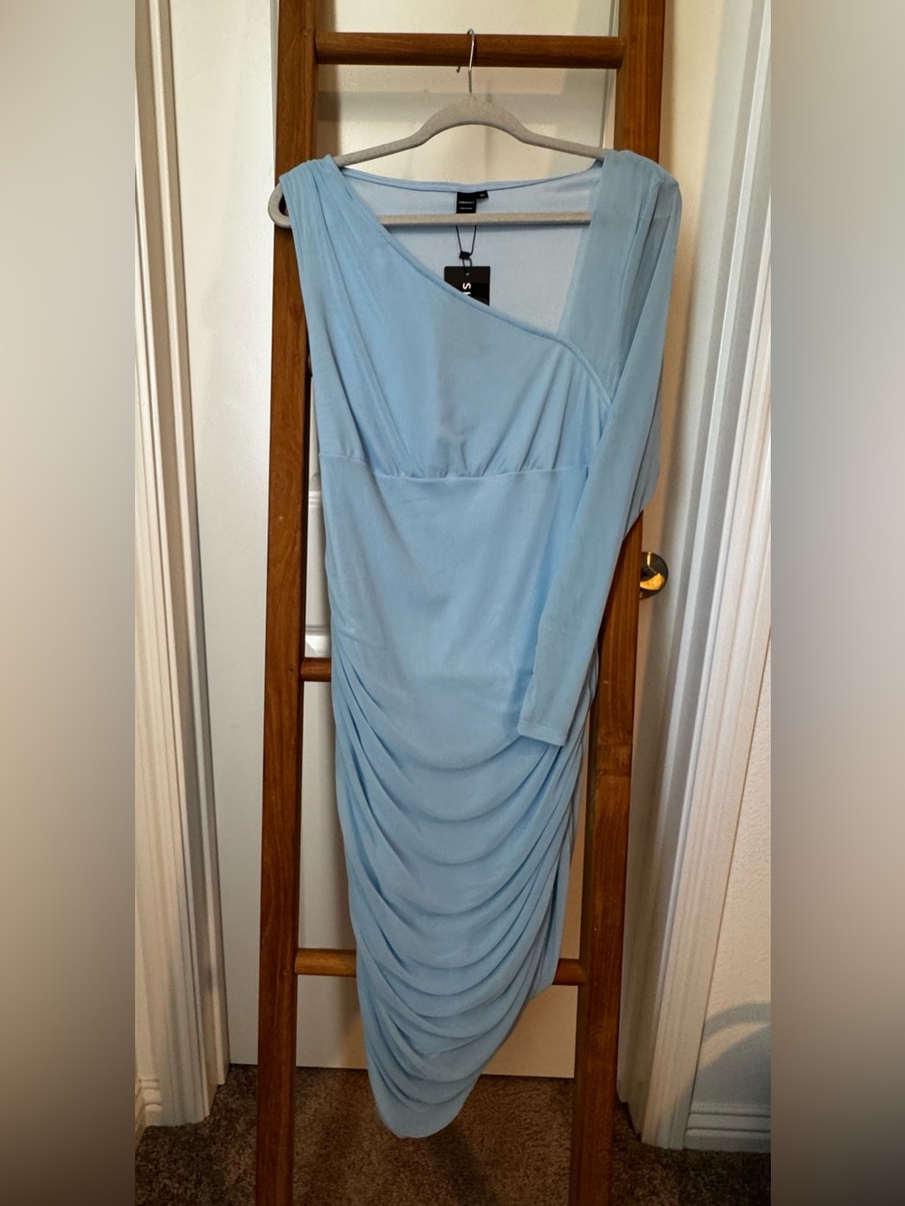 SHEIN SXY Light Blue One-Shoulder Asymmetric Draped Midi Dress. Body Con Glam